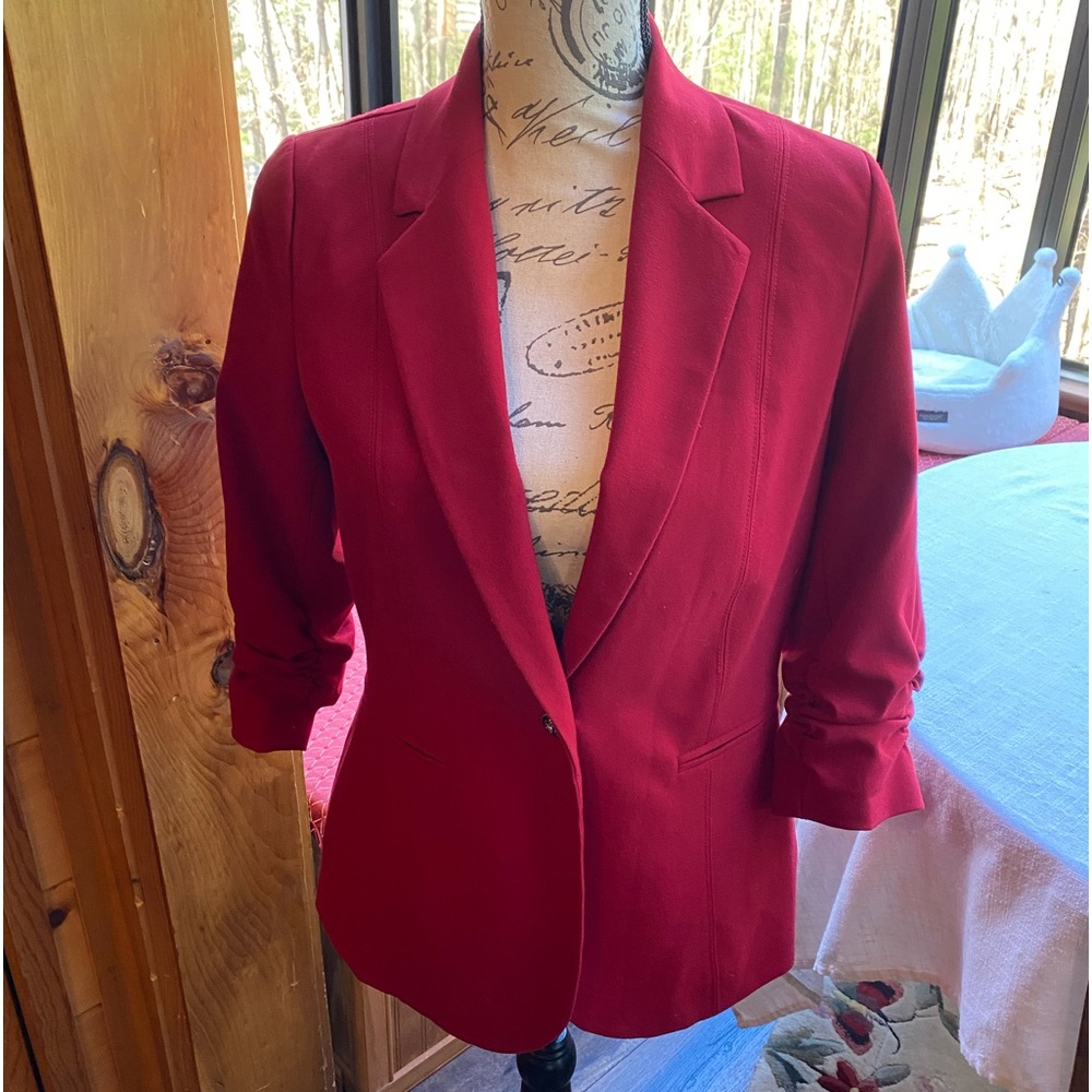 Red Blazer with Ruched Sleeves